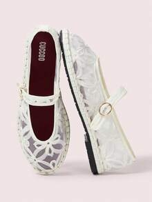 CUCCOO DOLLMOD Women's Fashionable Elegant Commuting 3D Floral Mesh Flats - Beige - View 1