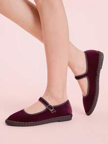 CUCCOO DOLLMOD Sepatu Flat Mary Jane Klasik Nyaman Berwarna Burgundy Velvet untuk Wanita, Sepatu Musim Semi yang Elegan & Modis - Burgundy / Coklat - View 5