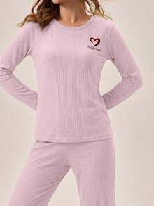 EURMUSE 100%Cotton Letter Embroidery Ribbed Knit Lounge Set - Baby Pink - View 5