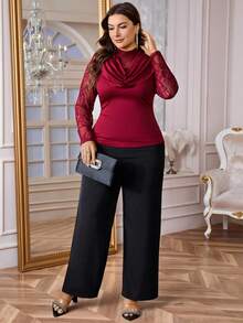 SHEIN Privé 大码女式撞色蕾丝垂褶领长袖修身优雅衬衫 - 紅色 - 查看 3