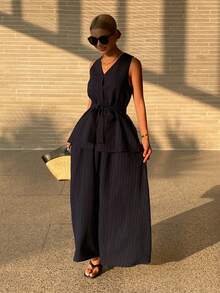 DAZY Bộ đồ nữ thường ngày gồm áo không tay và quần dài màu trơn, thích hợp cho mùa hè. - Màu xanh hải quân - Xem 4