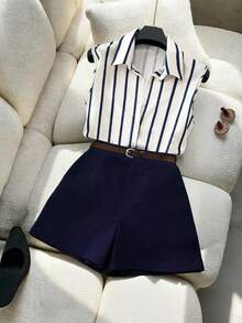 SHEIN Franclia 女士无袖条纹衬衫上衣 + 宽松时尚百搭短裤，春夏款 - 彩色 - 查看 4