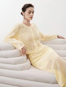 Aalyst 女士春夏新款圆领镂空奶油黄短款修身长袖针织开衫，松紧腰带，中长款，带衬里，优雅高端女士两件套 - 黃色 - 查看 7
