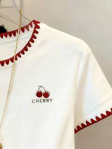 1pc Tween Girl Letter & Cherry Blossom Print Embroidery Decor Short Sleeve Casual T-Shirt, Loose Fit, Cute & Versatile, Suitable For Spring & Summer