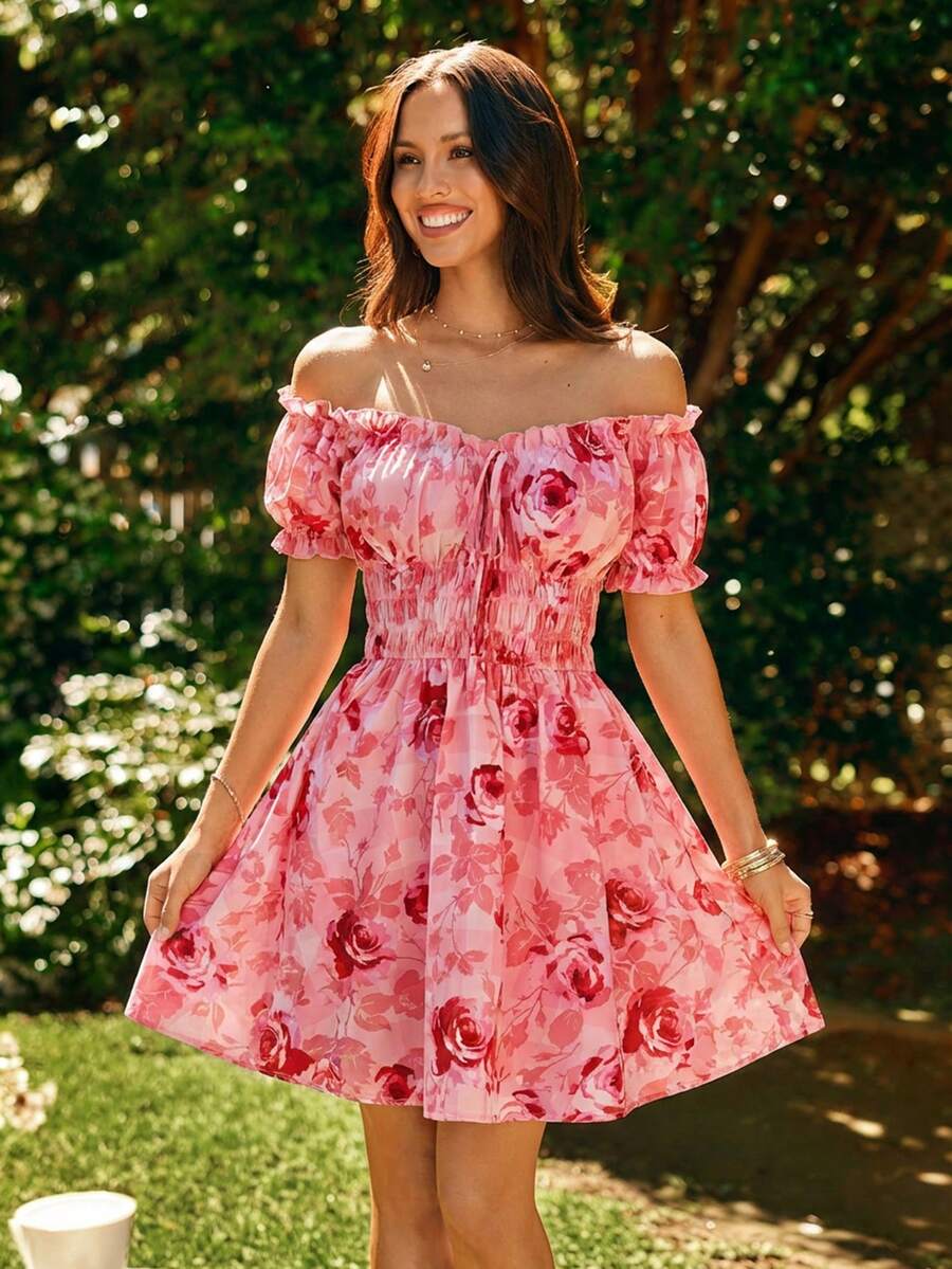 KARISMINA 女士印花露肩优雅短袖连衣裙，粉色 - 粉色 - 查看 1