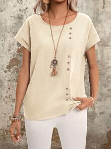 EMERY ROSE 纽扣细节圆领蝙蝠袖休闲衬衫 女士夏季纯棉衬衫 - 卡其色 - 查看 3