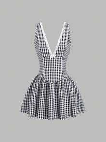 Sweetra New Elegant French Black & White Plaid V-Neck Umbrella Hem Mini Dress, Suitable For Commuting And Everyday Wear - Black and White - View 1
