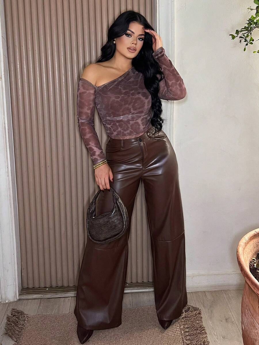 Dayanna Comas 女士皮革女裤纯色前扣简约休闲裤、日常穿着、女士下装 - 咖啡棕 - 查看 1