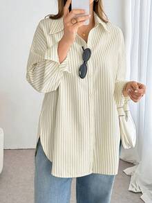SHEIN Essnce Áo sơ mi dài tay kẻ sọc cài cúc, kiểu dáng rộng rãi thoải mái, cơ bản, đa năng, tôn dáng dành cho nữ, thích hợp mặc hàng ngày, thời trang xuân/hè, dành cho nữ, kiểu dáng rộng, đơn giản, thích hợp cho mùa xuân. - Màu vàng - Xem 2