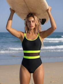 Swim SPRTY Summer Beach Contrast Neon Binding One Piece Swimsuit Bathing Suit - Multicolor - View 1
