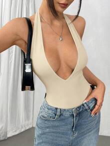SHEIN Unity Black Deep V-Neck Backless Bodysuit, Stretchy, Soft, Comfortable, Fashionable, Casual, Sexy, Suitable For Petite Women, Spring/Summer - Apricot - View 5