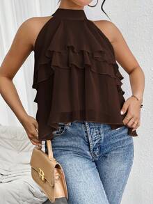 Firerie Loose Neck Ruffle Asymmetrical Chiffon Blouse - Coffee Brown - View 4