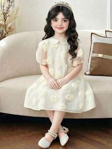 Young Girl 3D Bow Cute Peter Pan Collar Petal Sleeve Dress Casual Versatile Young Girl - Apricot - View 2
