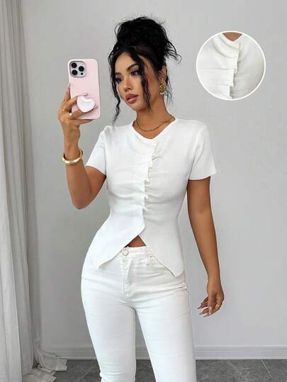 Elenzga Spring/Summer New Arrival Round Neck Long Sleeve Pleated Tie-Front Cropped Asymmetric Cardigan For Women