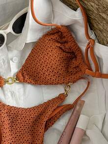 Swim Mod Damen Jacquard Stoff Spaghetti-Träger Bikini Set mit Metall Dekor, Frühling/Sommer - Braun - Übersicht 4