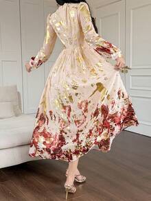 DAZY Đầm dài tay phồng cổ chữ V họa tiết hoa thanh lịch dành cho nữ, đầm maxi dự tiệc cưới mùa xuân/hè. - Đỏ - Xem 2