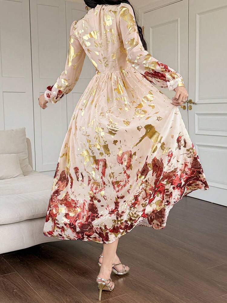 Women's Elegant Floral V-Neck Puff Sleeve Long Dress, Spring/Summer Wedding Guest Dress Maxi Dress Sundress