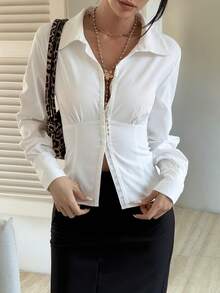 Livesso Women's Lace Trim Hollow Out Casual Blouse, Elegant Office Wear, Suitable For Valentine's Day, Wedding, Vacation, Slim Fit Long Sleeve Shirt, Spring/Summer - White - View 4