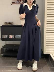 DAZY 女士休闲刺绣撞色Polo领中长连衣裙，夏季婚礼宾客礼服/吊带裙 - 藏蓝色 - 查看 7