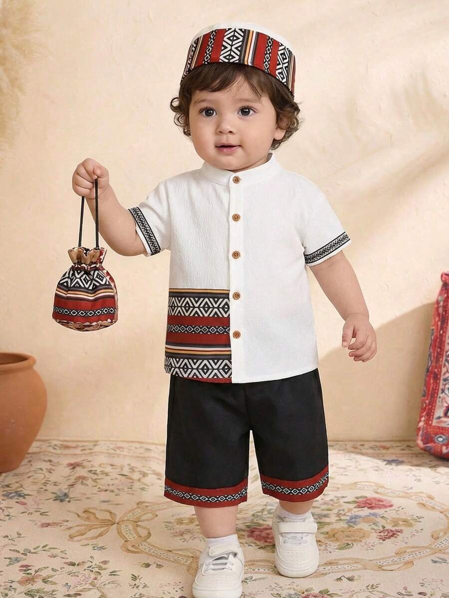 SHEIN 2pcs/Set Toddler Baby Boy Traditional Pattern Color Block Polo Shirt&Shorts,Casual Boho Birthday Outfit,Black And White,Summer Festivals Celebration - White - View 1
