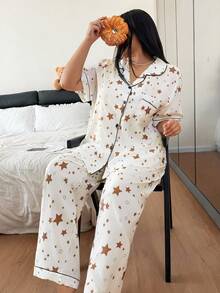 Napfluff CURVE Napfluff CURVE Conjunto de pijama de manga corta con cuello de solapa, estampado de estrella y arruga de burbuja en talla grande. Pijama con estampado de estrella, conjunto de pijama lindo y cómodo para mujeres, ropa de dormir para mujeres - Blanco - Ver 7
