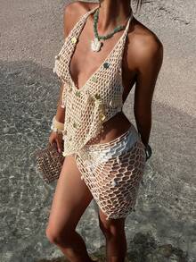 Opulessa Falda anudada de bufanda triangular de ganchillo hecha a mano con conchas y lentejuelas en estilo boho beige, elegante y de moda para verano, playa, vacaciones y fiesta - Albaricoque - Ver 6
