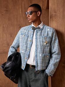 AKNOTIC Business Casual 男士格子印花前扣口袋长袖开衫外套 - 淺藍色 - 查看 4