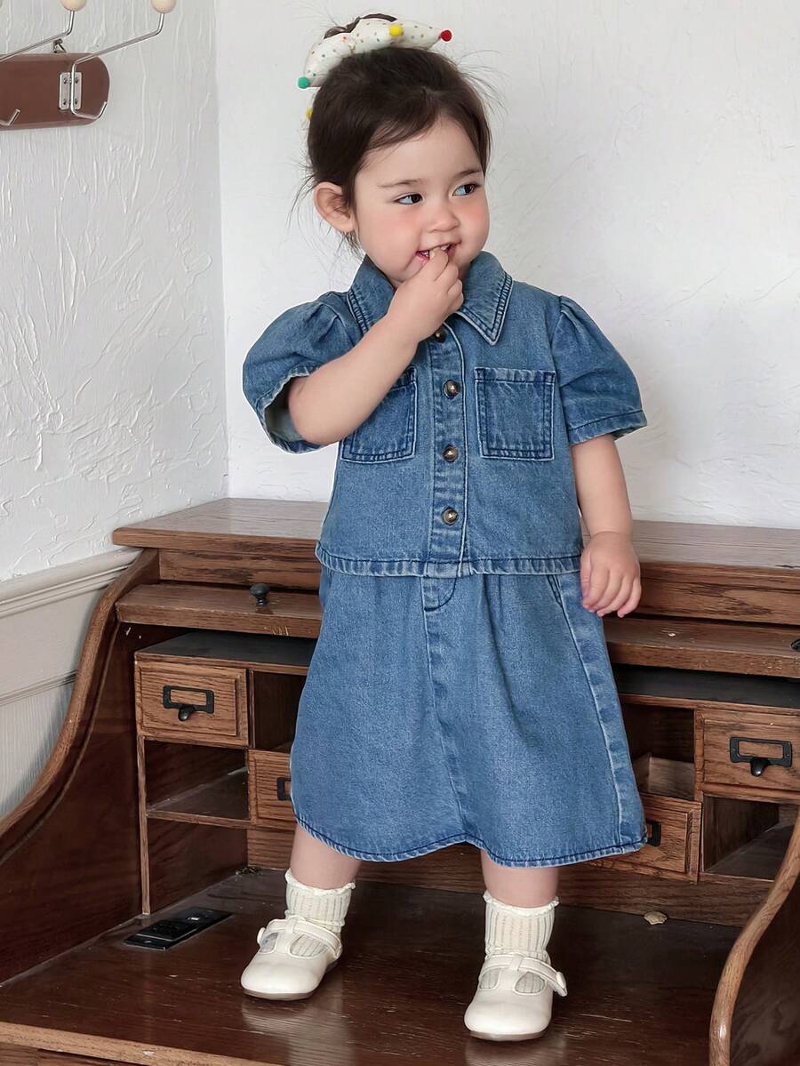 DAZY 2件套女婴休闲韩版水洗牛仔翻领上衣和牛仔裙套装 - 中等水洗藍 - 查看 1