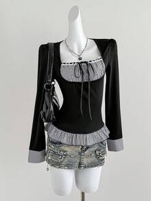 Sweetra Áo cánh dễ thương họa tiết ren viền đen đơn sắc đi làm/đi chơi hàng ngày mùa xuân/hè mới cho nữ - màu đen - Xem 6