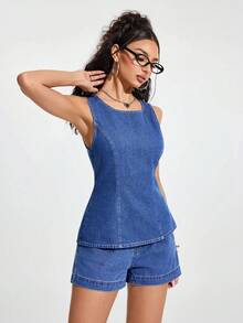 Jeanoix Women's Round Neck Backless Twist Denim Sleeveless Top - Blue - View 6