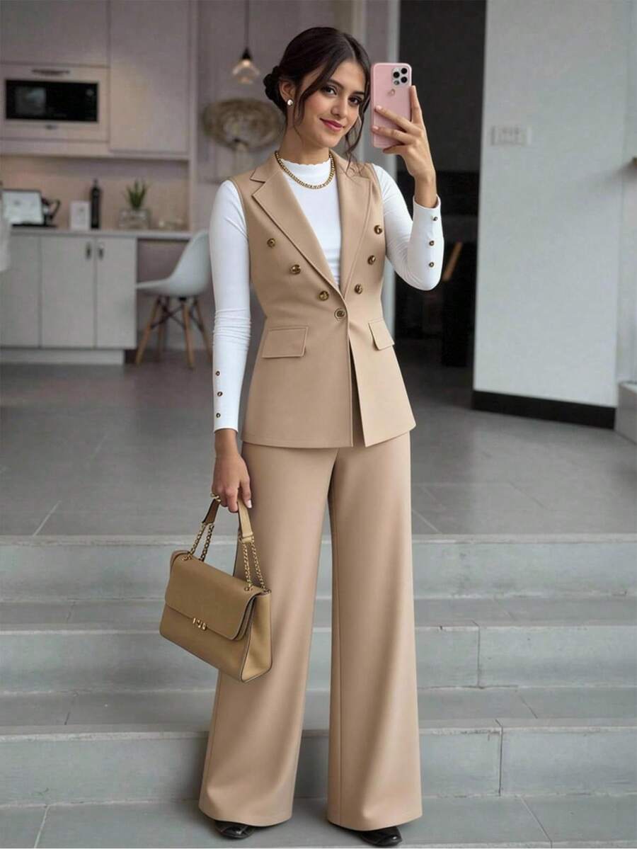 3pcs Casual Sleeveless Blazer Outfit (Including Long Sleeve Top And Pants) For Teen GirlSuitable For Everyday Casual And Commuting Wear
