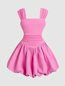 SHEIN 少女休闲优雅都市时尚蝙蝠袖拼接灯笼下摆连衣裙，春夏款 - 黑色 - 查看 2