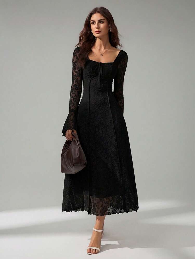 SHEIN Tall فستان نسائي بأكمام طويلة، للحفلات والمناسبات الرسمية، فساتين نسائية أنيقة، فساتين عودة الخريجين، فساتين سهرة رسمية، فساتين نسائية للحفلات، فستان حفل الزفاف في الخريف - الأسود - مشاهدة 7