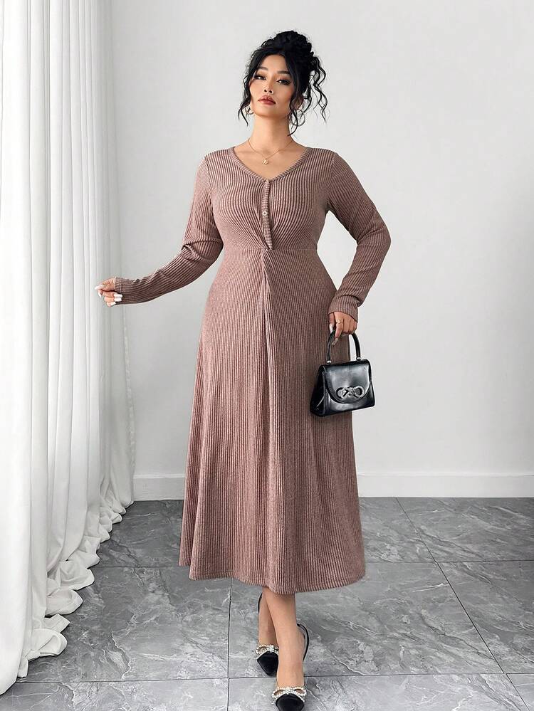 Dazy Plus Elastic Fitted Scoop Neck Cinched Waist Elegant Long Knit Dress, Spring/Autumn Sundress