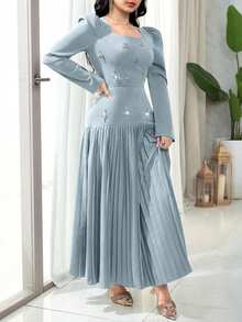 Modelyn 女士水钻装饰褶皱优雅长袖连衣裙 - 藍色 - 查看 7