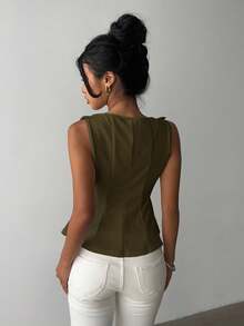 Aloruh 女士优雅无袖通勤衬衫，简约设计 - 軍綠色 - 查看 2