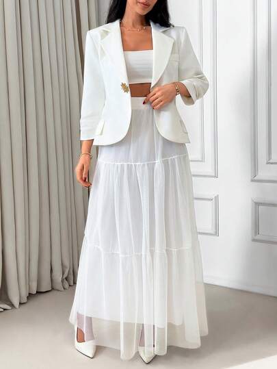 SHEIN Dwuczęściowy komplet damski: marynarka z ozdobnymi guzikami i przezroczysta spódnica z ozdobnymi detalami