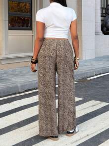 Solflare 2pcs/Set Plus Size White T-Shirt With Letter Print And Leopard Patterned Pants Leopard Print - Brown - View 2