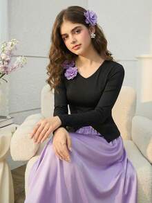 少女优雅甜美风圆领长袖上衣搭配缎面半裙两件套，春秋季阿巴雅长袍，花卉装饰腰部设计，正式场合穿着 - 紫色 - 查看 10