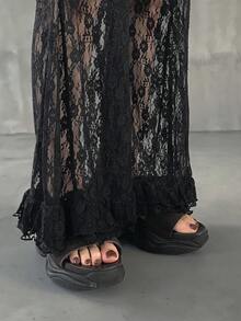 FRIFUL Quần dài nữ cạp chun, ống loe ren toàn thân, viền bèo nhún, thích hợp mặc mùa hè. - màu đen - Xem 1