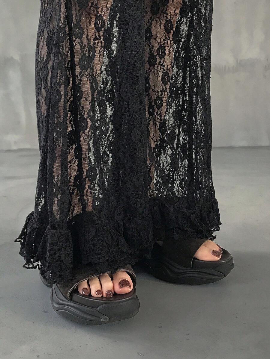 FRIFUL Quần dài nữ cạp chun, ống loe ren toàn thân, viền bèo nhún, thích hợp mặc mùa hè. - màu đen - Xem 1