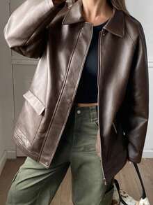 DAZY Women's Loose Fit Old Money Design Casual Brown Leather Jacket, Versatile For Spring, Summer, Autumn, Winter - Brown - View 1