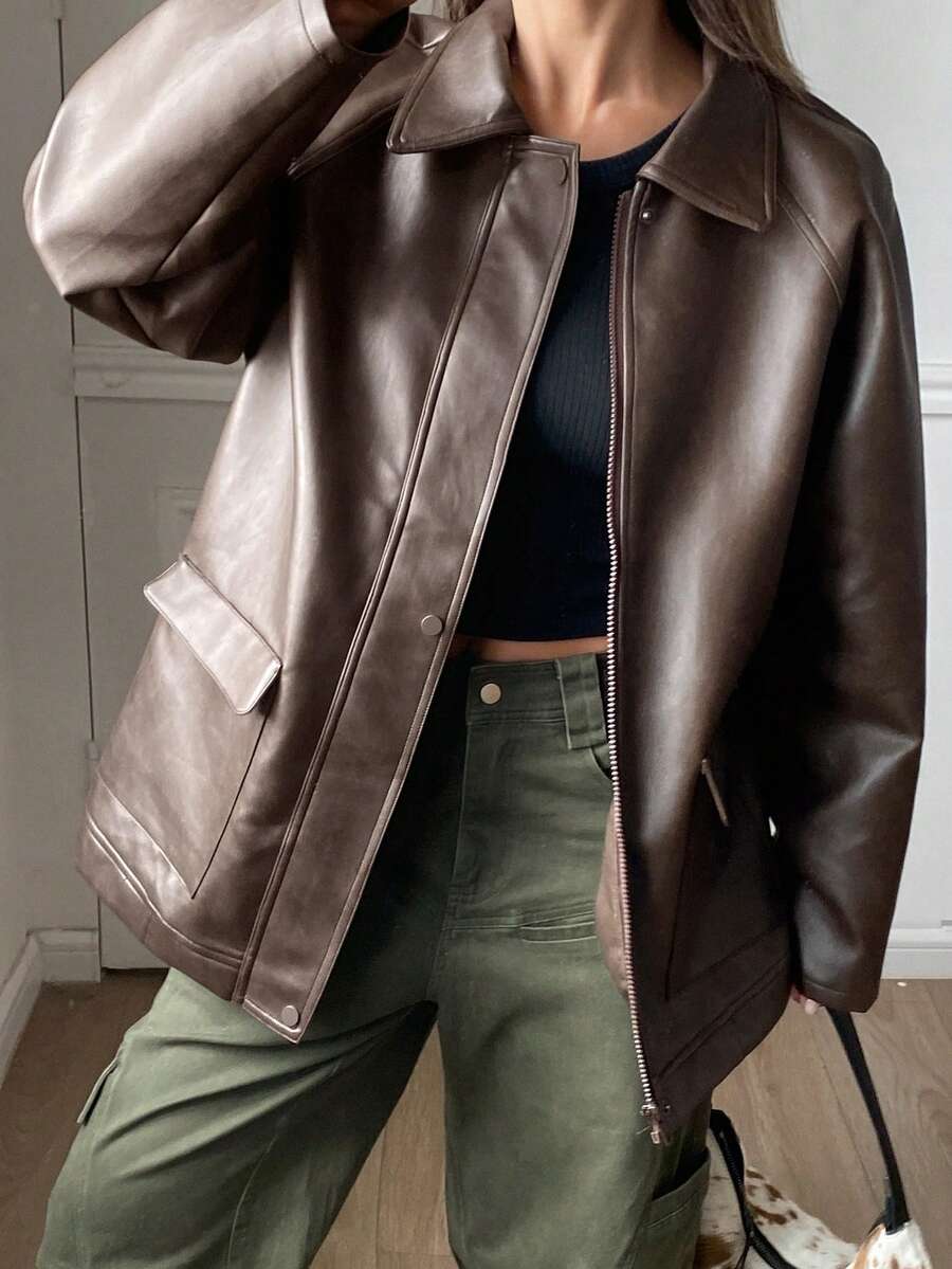 DAZY Women's Loose Fit Old Money Design Casual Brown Leather Jacket, Versatile For Spring, Summer, Autumn, Winter - Brown - View 1