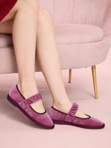 CUCCOO DOLLMOD Women's Bright Orange Elegant Velvet Classic Comfortable Velvet Pleated Elastic Mary Jane Flat Shoes Spring Shoes - Rusty Rose - View 4
