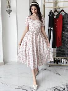 SHEIN 少女春夏碎花泡泡袖褶皱腰A字中长连衣裙，优雅度假风，适合情人节、节日等场合，碎花连衣裙，女士花朵连衣裙，复古连衣裙，泡泡袖长裙，茶会连衣裙 - 粉色 - 查看 7