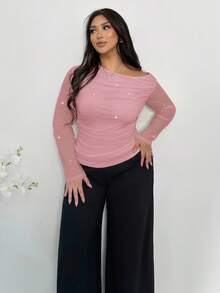 Firerie 优雅简约珍珠串珠长袖网纱不对称肩部T恤 - 粉色 - 查看 8