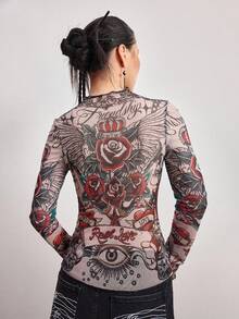 ROMWE Avant 女士 Y2K 千禧复古玫瑰骷髅纹身图腾网纱印花上衣 - 彩色 - 查看 6