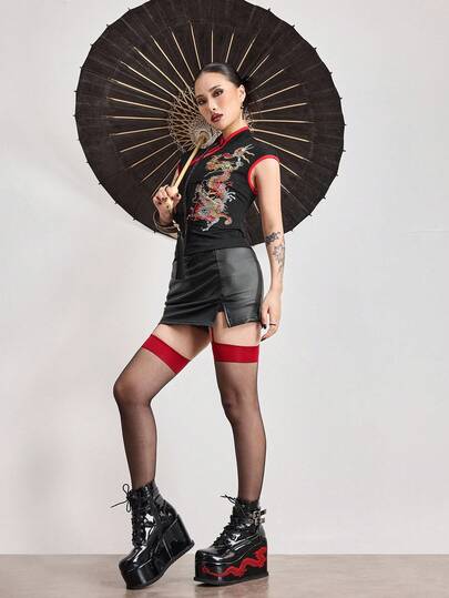 ROMWE Avant Kvinnors nya kinesiska drakebroderi kinesiskt målningsbroderimönster förbättrat Cheongsam-topp