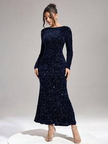 Coutiva Women's Sequin Solid Color Backless Twist Fitted Elegant Long Sleeve Formal Evening Gown,Blue Sparkly Mermaid Banquet Dress For Wedding,Party & Ball - Navy Blue - View 2