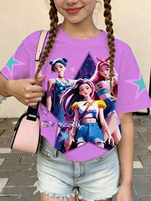 1件可爱韩流女孩印花宽松粉色短袖上衣，适合春、夏、秋、冬四季穿着，情人节送给女孩的绝佳礼物 - 淡紫色 - 查看 4